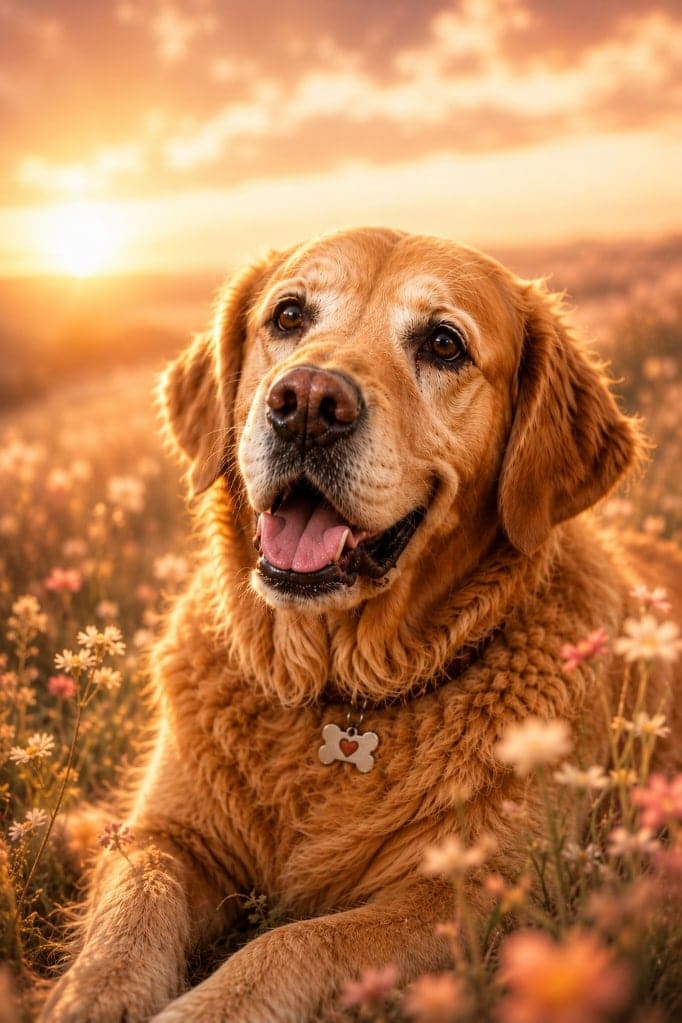 Pet memorial animation still — a beloved companion held in soft golden light